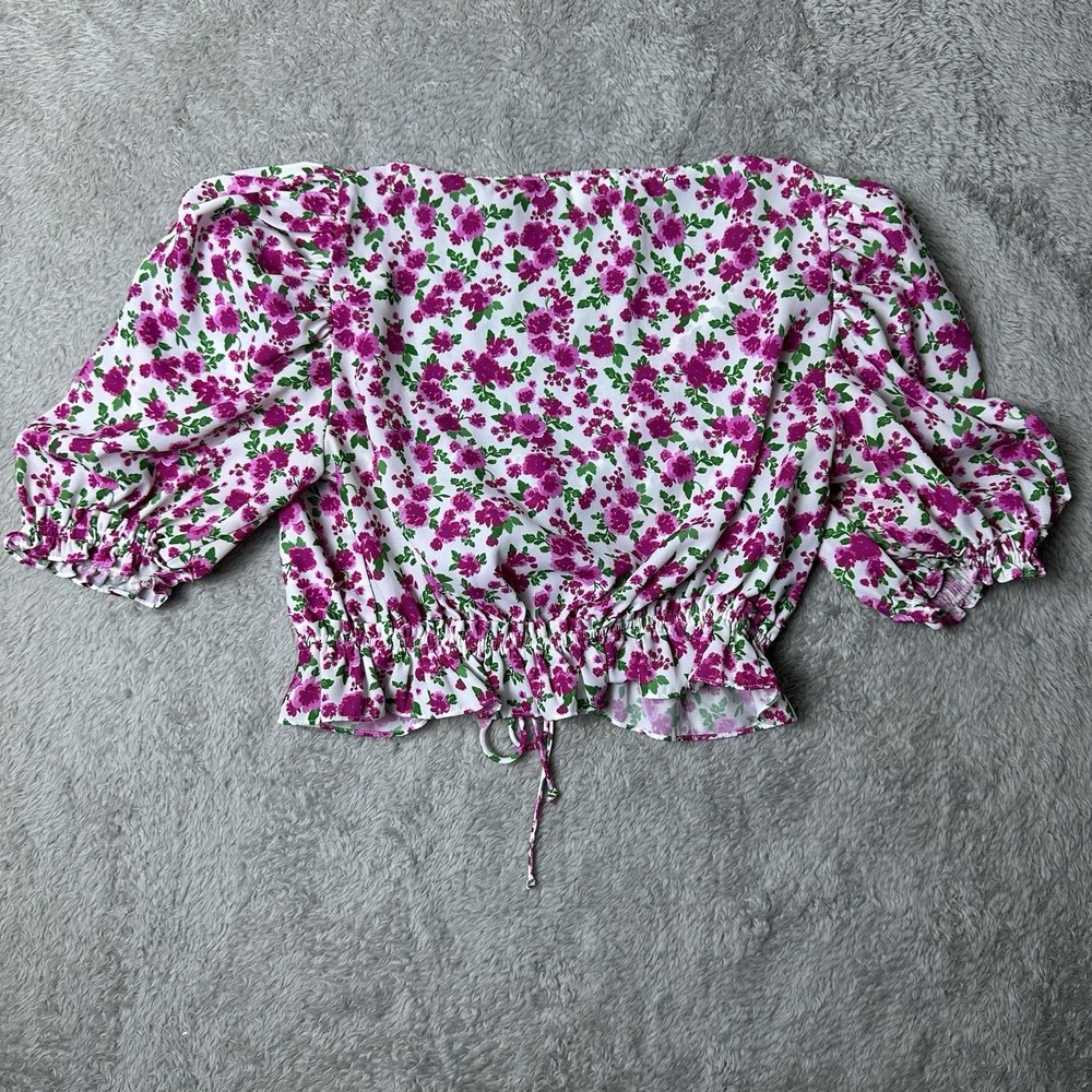 For Love & Lemons Womens S Crop Top Floral Puff Sleeve Smocked Hem Cottagecore - Picture 11 of 11